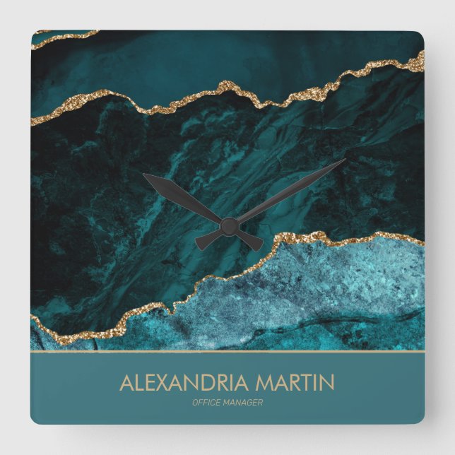 Modern Teal Guld Glitter Marmor Kontorsmonogram  Fyrkantig Klocka (Framsida)