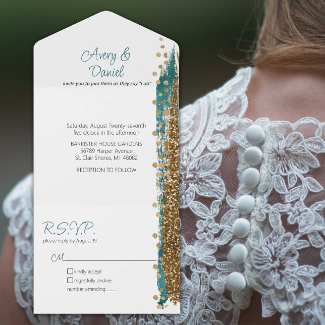 Modern Teal Guld Gnistra Calligraphy Bröllop (Beautiful teak and gold edge gives a distinctly modern vibe to this all-in-one invitation)