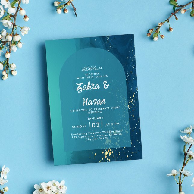 Modern Teal Guld Islamiska Bröllop Inbjudningar (Skapare uppladdad)