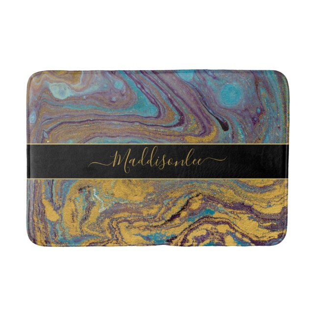 Modern Teal Guld Lila Marble Agate Monogram Namn Badrumsmatta (Framsidan)