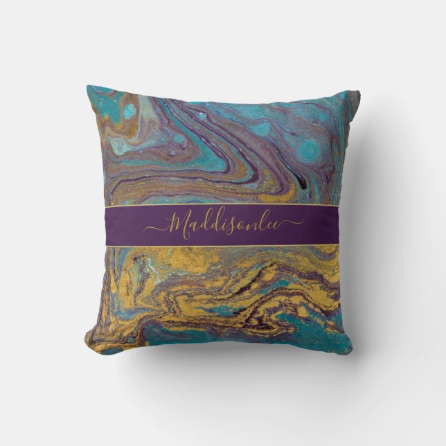 Modern Teal Guld Lila Marble Agate Monogram Namn Kudde (Framsida)