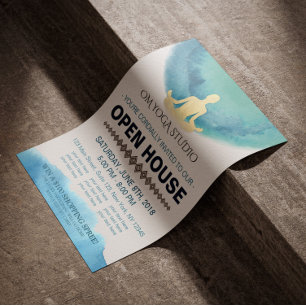 Modern Teal Guld Watercolor YOGA Studio Open House Reklamblad