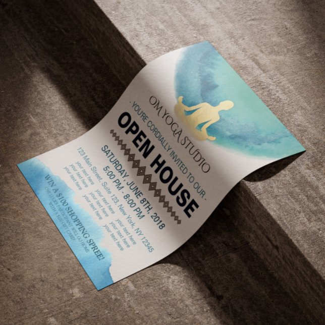 Modern Teal Guld Watercolor YOGA Studio Open House Reklamblad (Skapare uppladdad)