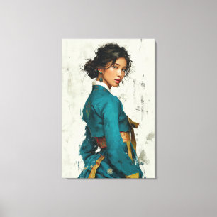 Modern Teal Hanbok Porträtt Canvas Konst