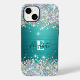 Modern Teal Holography Faux Glitter Monogram