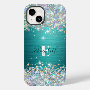 Modern Teal Holography Faux Glitter Monogram