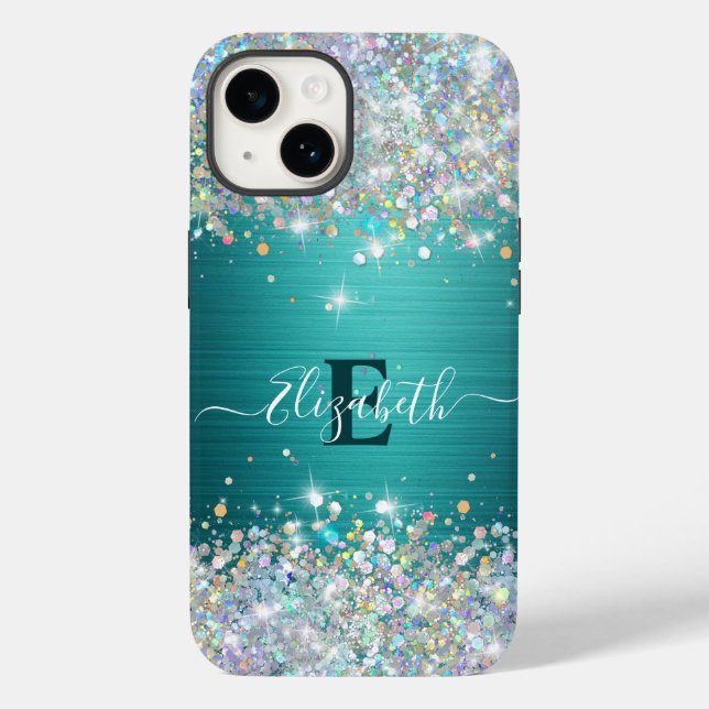 Modern Teal Holography Faux Glitter Monogram (Baksida)
