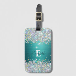 Modern Teal Holography Faux Glitter Monogram Bagagebricka