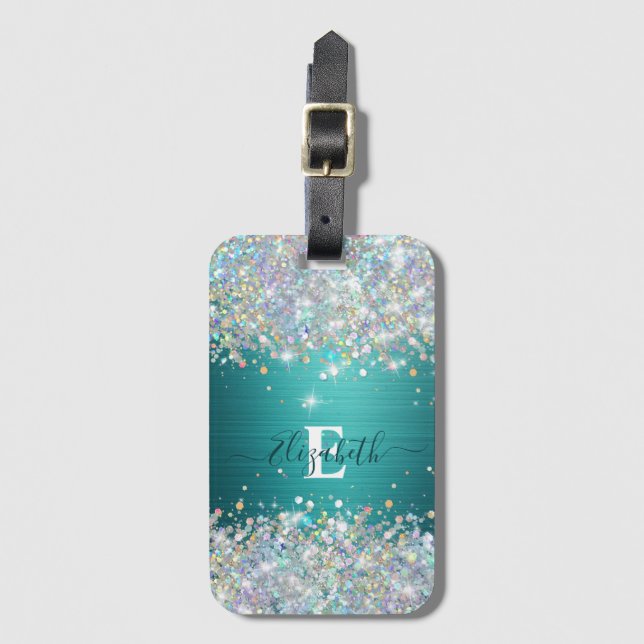 Modern Teal Holography Faux Glitter Monogram Bagagebricka (Framsida vertikal)