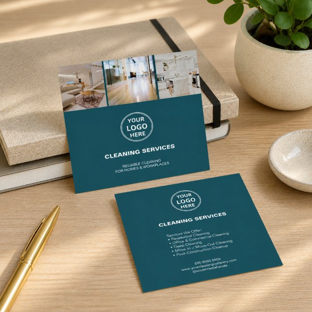Modern Teal Logotyp för städtjänster Fyrkantigt Visitkort (Modern Teal Cleaning Services Photo Logo Square Business Card)