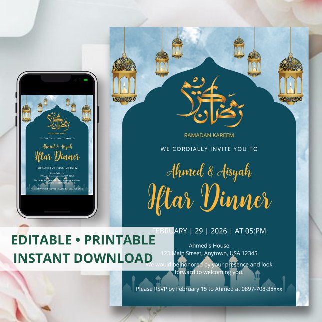 Modern Teal-moské och gyllene lyktor Iftar-middag Inbjudningar (Skapare uppladdad)