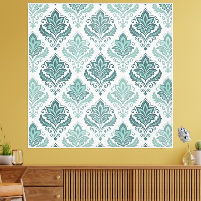 Modern Teal Nordic Damask Canvastryck (Insitu (Vardagsrum))