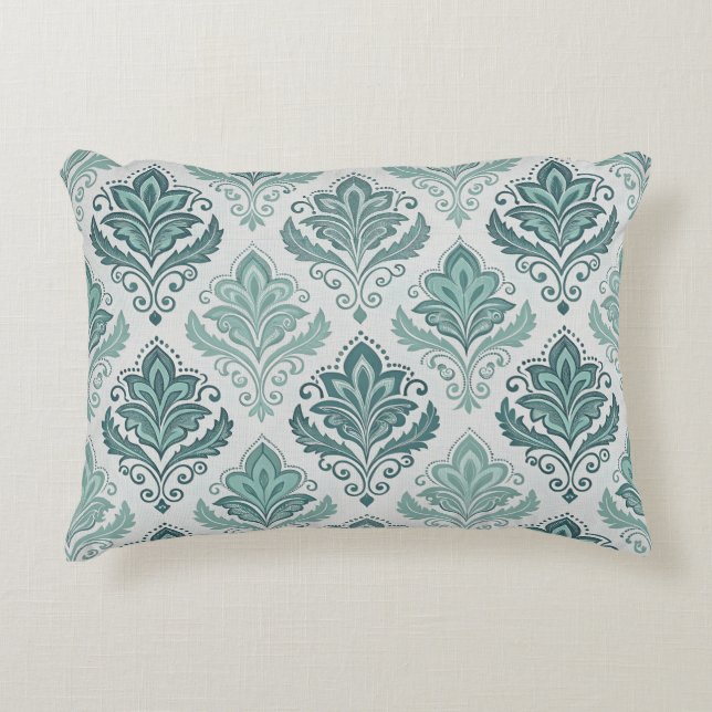 Modern Teal Nordic Damask Prydnadskudde (Framsidan)
