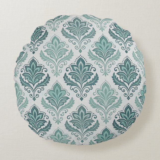 Modern Teal Nordic Damask Rund Kudde (Framsidan)