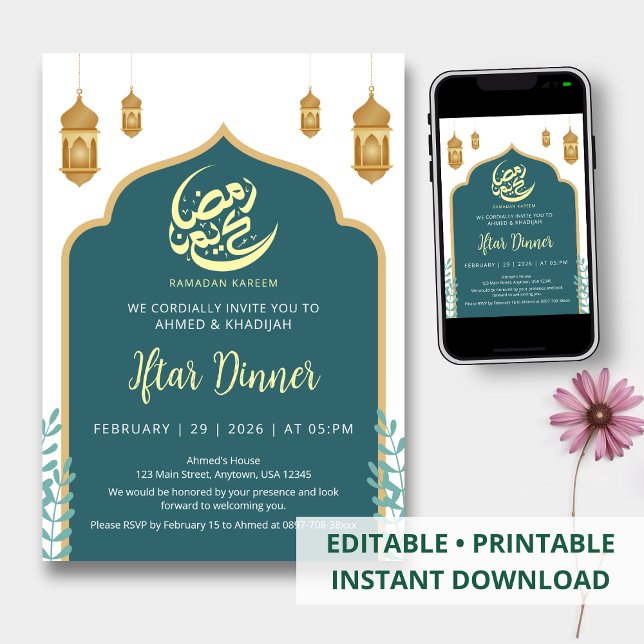 Modern teal och guld båge Ramadan Iftar-inbjudan Inbjudningar (Skapare uppladdad)