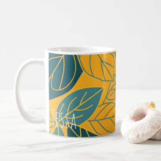 Modern Teal och Guld Botanisk Blad Kaffemugg (Med munk)