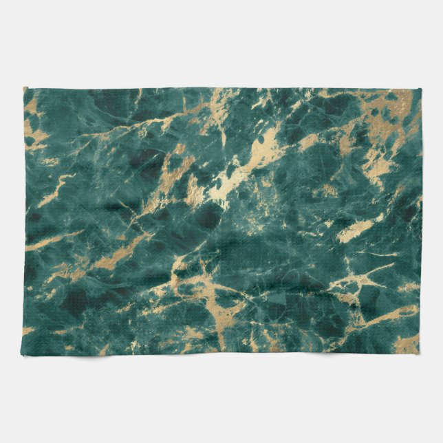 Modern Teal och Guld Marble Mönster Kökshandduk (Horisontell)