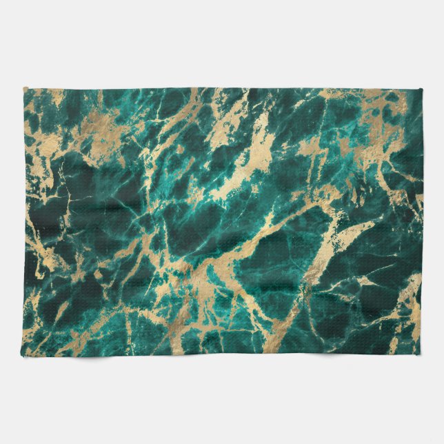 Modern Teal och Guld Marble Mönster Kökshandduk (Horisontell)