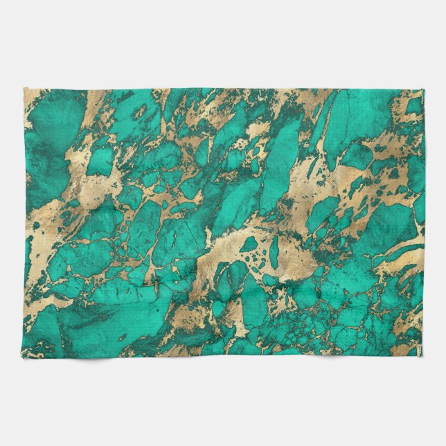 Modern Teal och Guld Marble Mönster Kökshandduk (Horisontell)