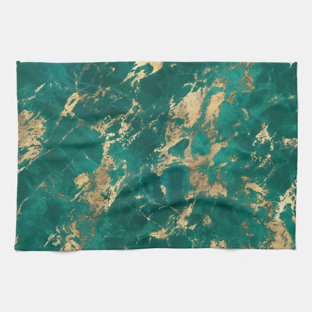 Modern Teal och Guld Marble Mönster Kökshandduk (Horisontell)