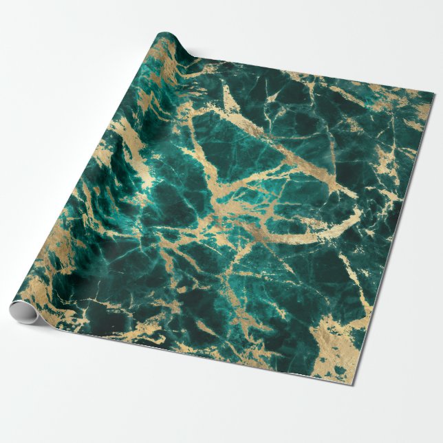 Modern Teal och Guld Marble Mönster Presentpapper (Utrullad)