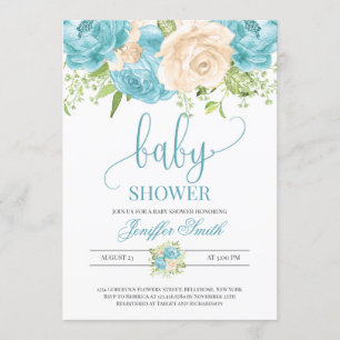 Modern teal- och kräm-blommigt-barndusch i elegant inbjudningar