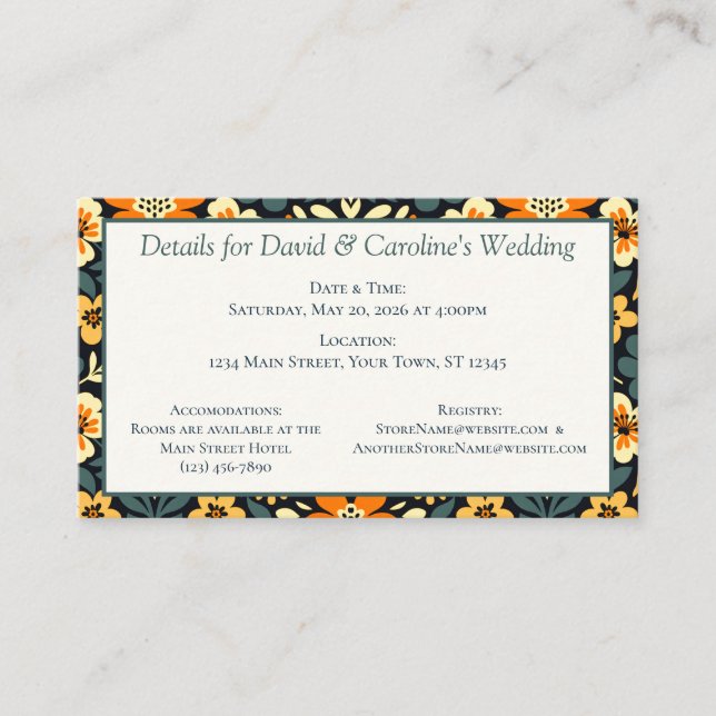 Modern Teal och Orange Blommig Design Tilläggskort (Framsida)