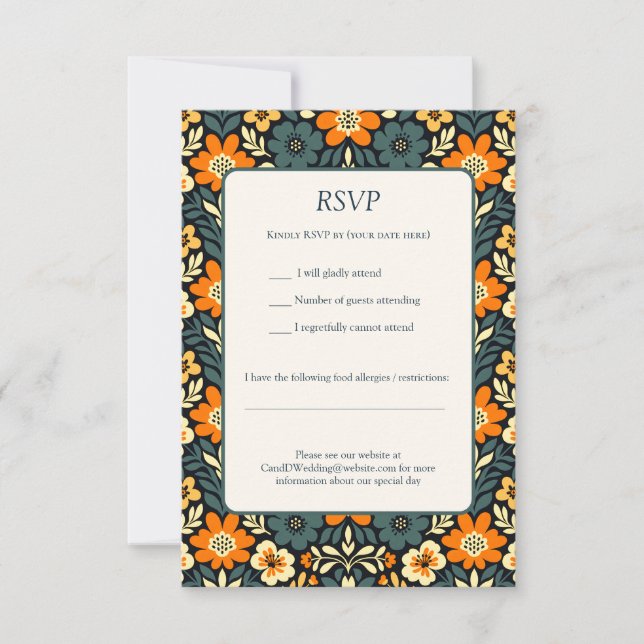 Modern teal och orange blomsterdesign OSA kort (Framsida)