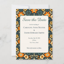 Modern teal- och orange blomsterdesign Spara datum