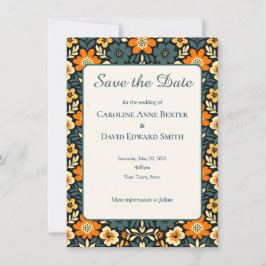 Modern teal- och orange blomsterdesign Spara datum
