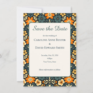 Modern teal- och orange blomsterdesign Spara datum