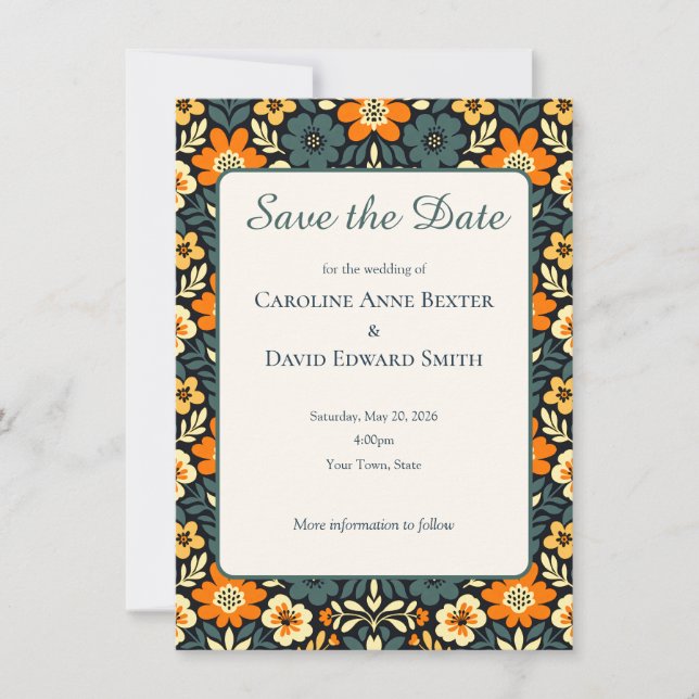 Modern teal- och orange blomsterdesign Spara datum (Framsida)