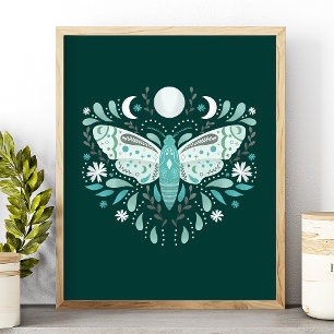 Modern Teal Och Vit Abstrakt Moth-illustration Poster
