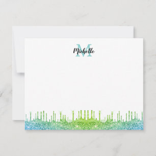 Modern Teal Ombre Glitter Drives Script Monogramme Anteckningskort