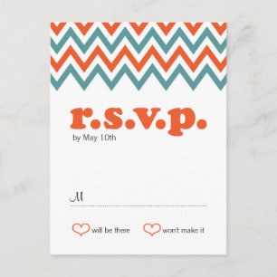 Modern Teal & Orange Chevron & Lovebird Bröllop Inbjudan Vykort