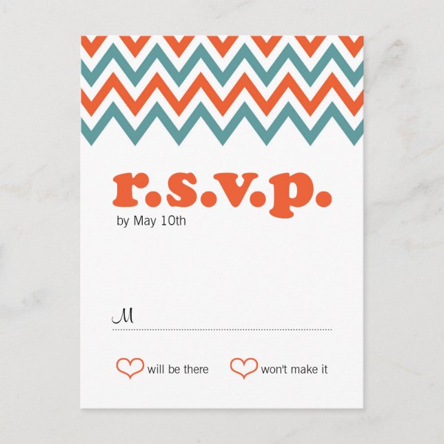 Modern Teal & Orange Chevron & Lovebird Bröllop Inbjudan Vykort (Framsida)