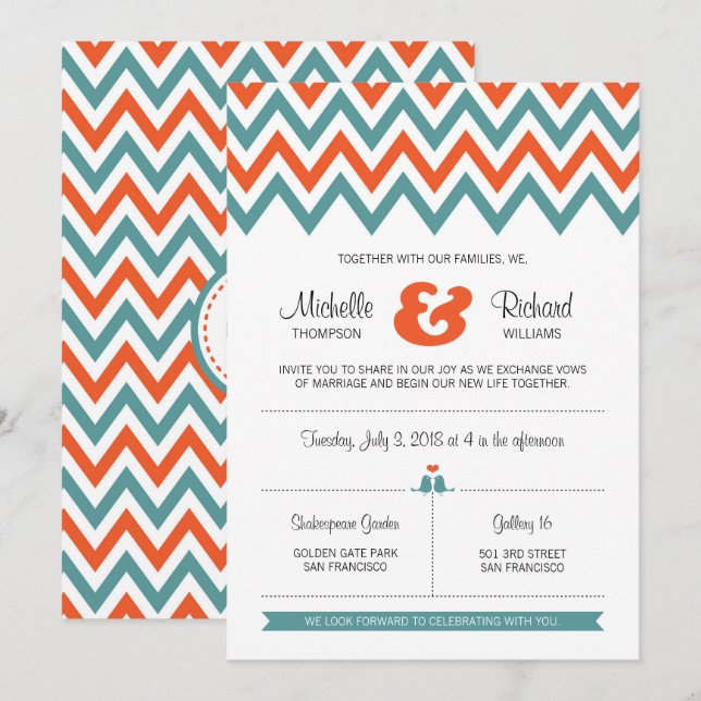 Modern Teal & Orange Chevron & Lovebird Bröllop Inbjudningar (Fram/baksida)