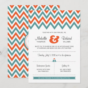 Modern Teal & Orange Chevron & Lovebird Bröllop Inbjudningar