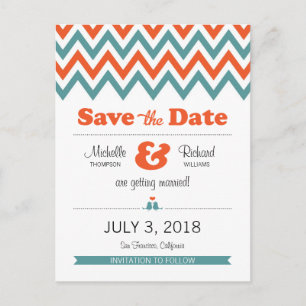Modern Teal & Orange Chevron & Lovebird Bröllop Meddelande Vykort