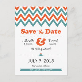 Modern Teal & Orange Chevron & Lovebird Bröllop Meddelande Vykort
