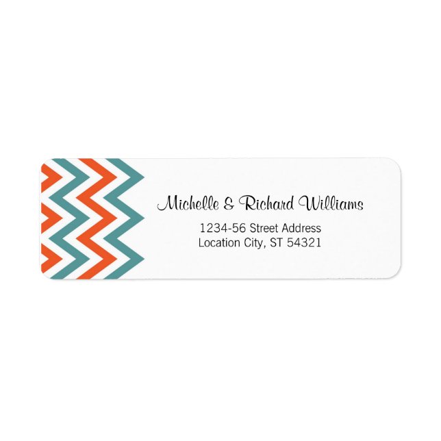 Modern Teal & Orange Chevron & Lovebird Bröllop Returadress Etikett (Framsidan)