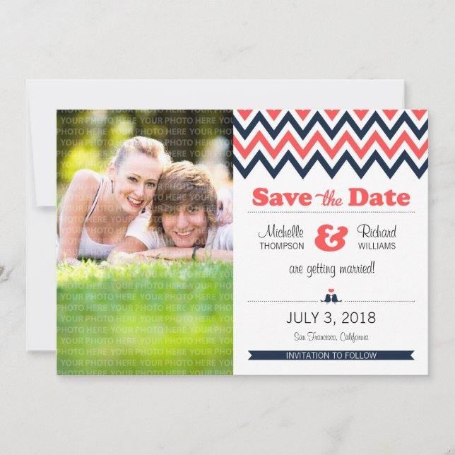 Modern Teal & Orange Chevron Photo Save Date Spara Datumet (Framsida)