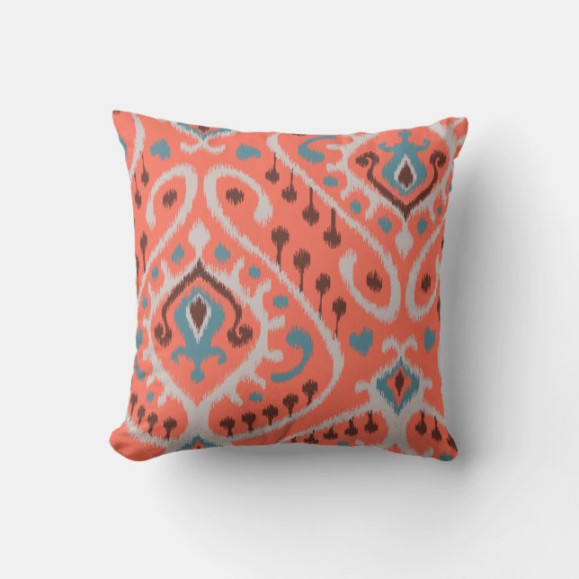 Modern teal orange girly ikat tribal mönster kudde (Framsida)