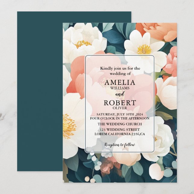 Modern Teal peonies Blommigt Bröllop Inbjudningar (Fram/baksida)