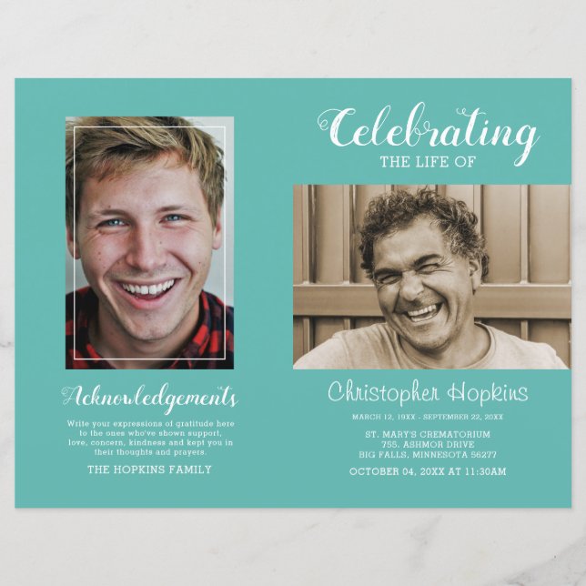Modern Teal Photo Memorial-begravningsprogram (Framsida)