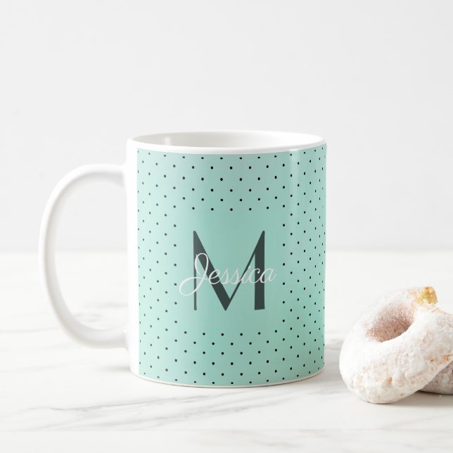 Modern Teal Polka Dot och Monogram Kaffemugg (Med munk)