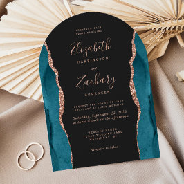 Modern Teal Ros Guld Agat Mörk Båge Bröllop Inbjudningar