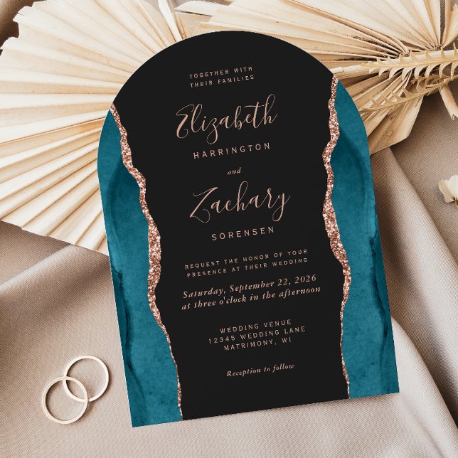 Modern Teal Ros Guld Agat Mörk Båge Bröllop Inbjudningar (Skapare uppladdad)