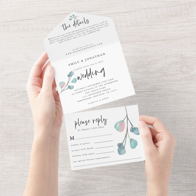 Modern Teal Rosa Pastel Eucalyptus Bröllop (Avrivbar del)
