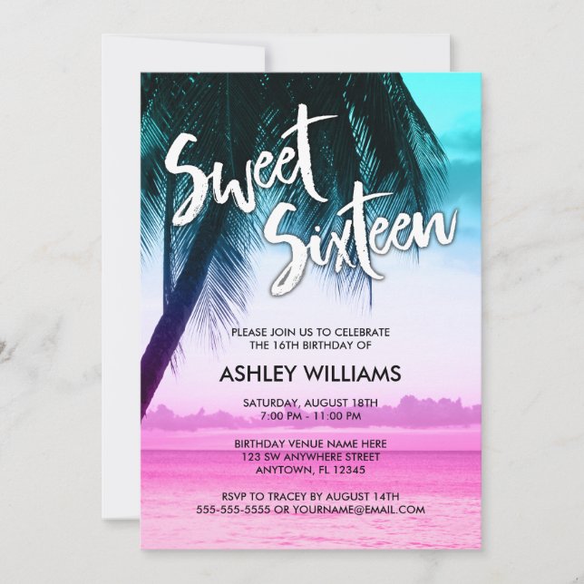 Modern Teal Rosa Tropical Luau Sweet 16-inbjudan Inbjudningar (Framsida)